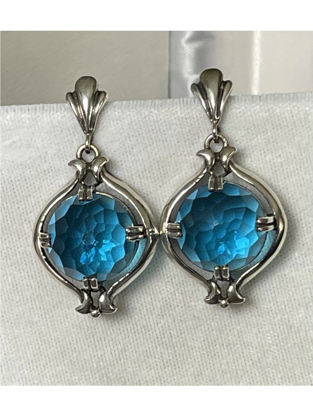 Vtg Signed MRLF Sterling Silver Large 14mm Round Blue Topaz Drop Dangle Earrings